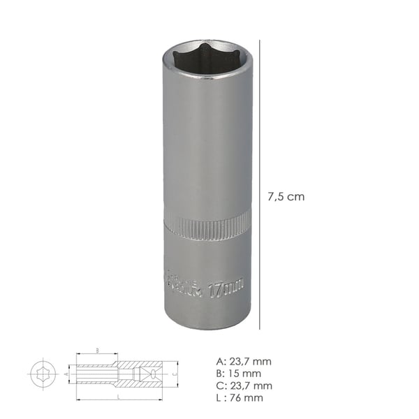 Wolfpack Llave Vaso 1/2' Hexagonal Larga 17 mm.