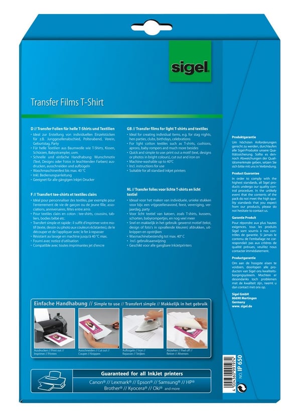 Sigel IP650 vaatteiden siirtokuva Mustesuihku