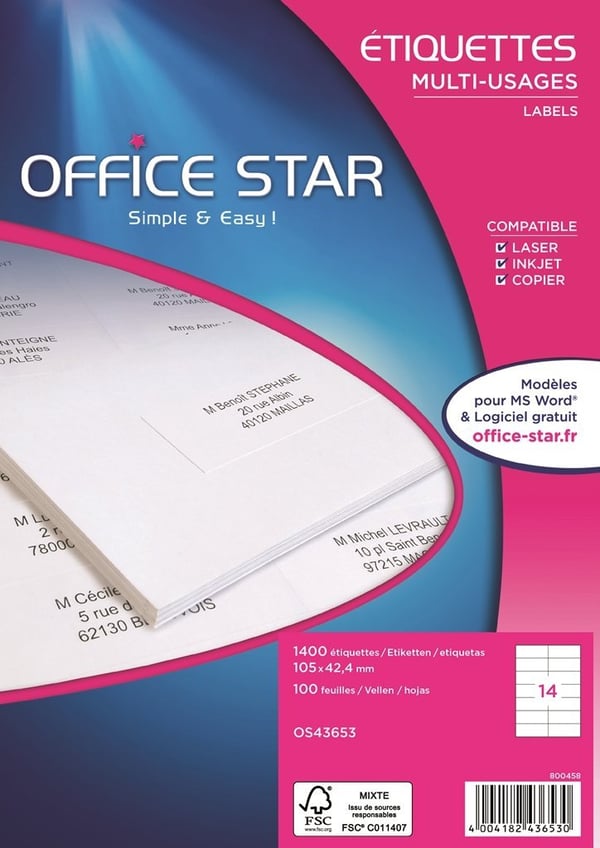 Office Star OS43653 liimaetiketti Suorakulmio Kiinteä Valkoinen 1400 kpl
