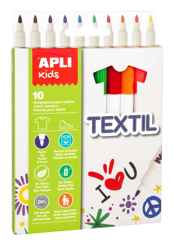 APLI Kids Textile speedmarker 10 stk Rund spids Sort, Blå, Brun, Grøn, Orange, Lilla, Rød, Rosenrød, Sky, Gul