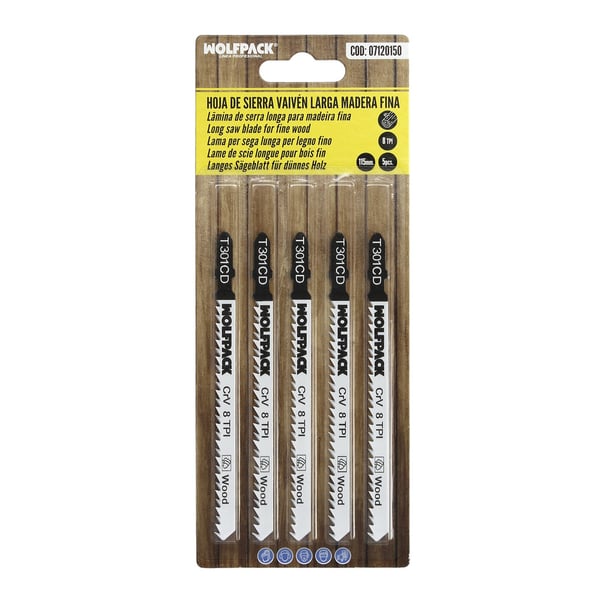 Pikkukuva 4 / 5: Wolfpack Hojas Larga Sierra Calar Para Madera Corte Medio 5 Piezas. Hoja Cromo Vanadio 58. Vastago T Universal