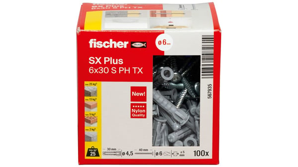 Fischer 567935 skruvankare och väggplugg 100 styck Kit med skruv och väggplugg
