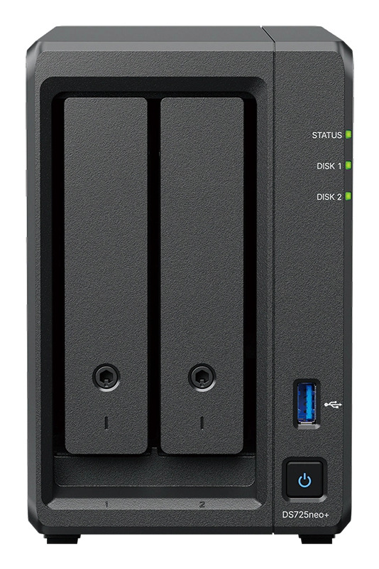 Miniatyrbillede 1 af 6: Synology DiskStation DS725NEO+ NAS & lagringsserver Kompakt Ryzen Embedded R1600 4 GB DDR4 0 TB DSM Sort