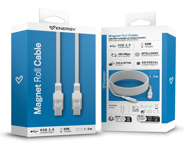 Energy Sistem Magnet Roll cable USB-kaapeli USB 2.0 1,5 m USB C 0,48 Gbit/s 60 W Valkoinen