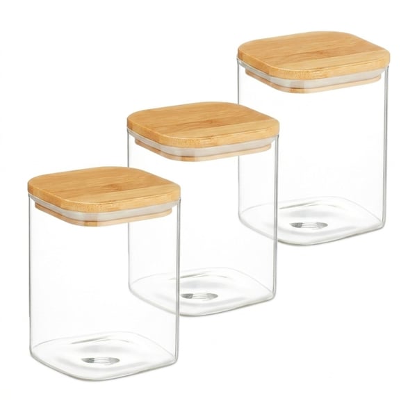 Miniatyrbillede 6 af 7: Relaxdays 4052025432423 enhed til madopbevaring Firkant Krukke 0,9 L Transparent, Bamboo, Naturlig 3 stk