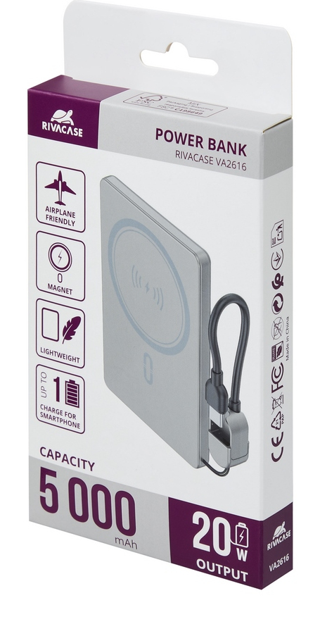 Miniatyrbillede 15 af 17: Rivacase VA2616 powerbank Lithium polymer (LiPo) 5000 mAh Trådløs opladning Sølv