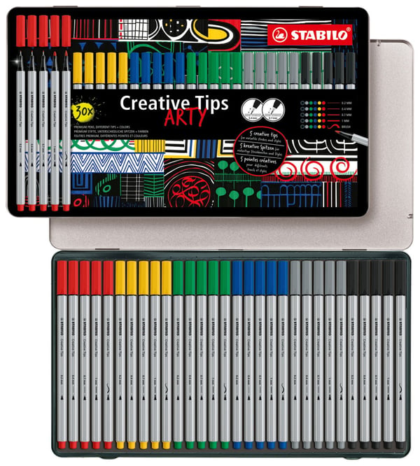 STABILO ARTY filtpen Sort, Karmin, Grøn, Lys grå, Ultramarine, Gul 30 stk