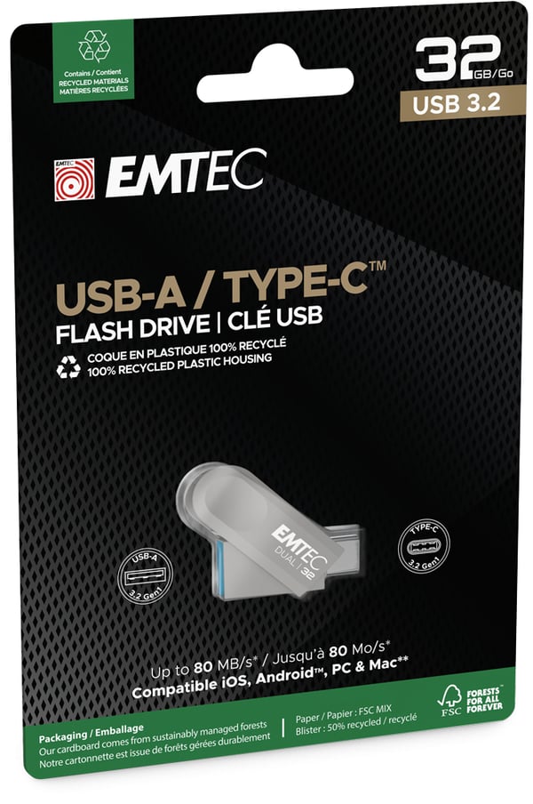 Pikkukuva 2 / 6: Emtec D280 Dual USB-muisti 32 GB USB Type-A / USB Type-C 3.2 Gen 1 (3.1 Gen 1) Hopea