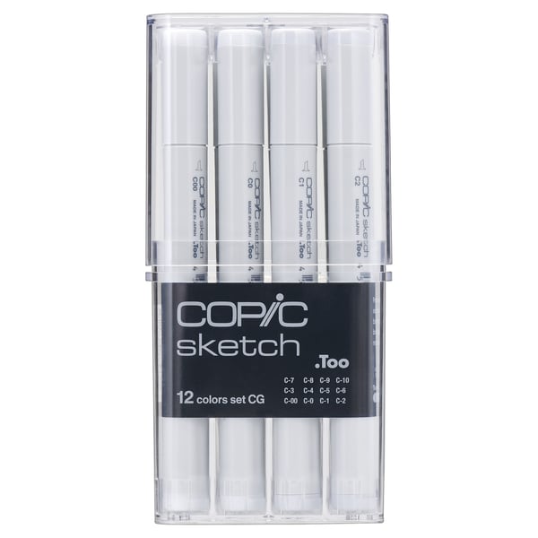 Copic Sketch Cool Grey tussi 12 kpl Taltta-/harjapää Cool gray, Tummanharmaa, Harmaa, Vaaleanharmaa