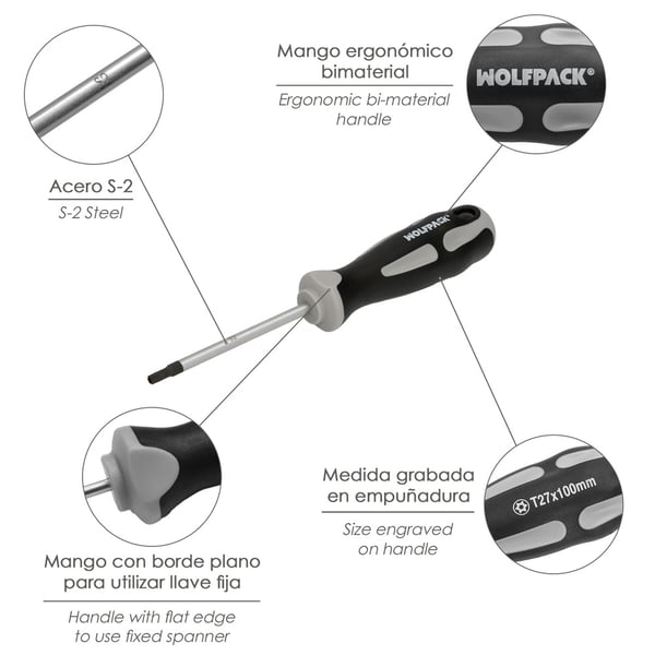 Miniatyrbillede 3 af 5: Wolfpack Destornillador Torx Inviolable Acero S2 Mango TPR Bimaterial. Medida T27 x Ø 6,0 x 100 mm.