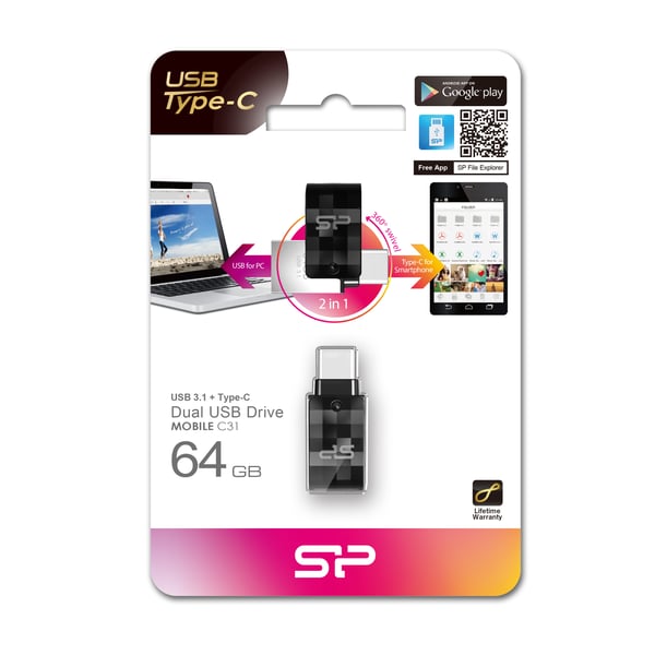 Silicon Power Mobile C31 USB-sticka 64 GB USB Type-A / USB Type-C 3.2 Gen 1 (3.1 Gen 1) Svart, Silver