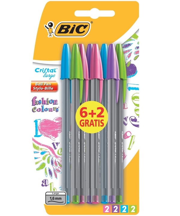 BIC Cristal Large Fashion Colours Blå, Grön, Rosa, Lila Kulspetspenna, pinnformad 8 styck BIC Cristal Large Fashion Colours Blå, Grön, Rosa, Lila Kulspetspenna, pinnformad 8 styck