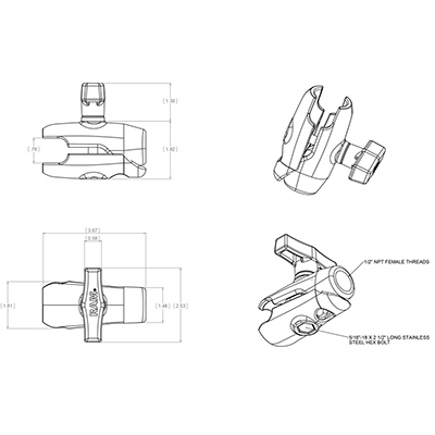 RAM Mounts RAM-200-1U monteringssæt Sort Aluminium