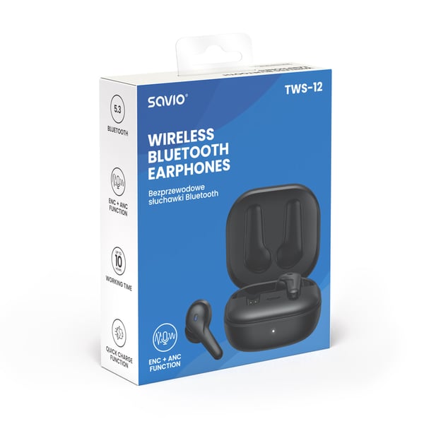 Pikkukuva 8 / 13: Savio TWS-12 kuulokkeet ja kuulokemikrofoni True Wireless Stereo (TWS) In-ear Puhelut/Musiikki USB Type-C Bluetooth Musta