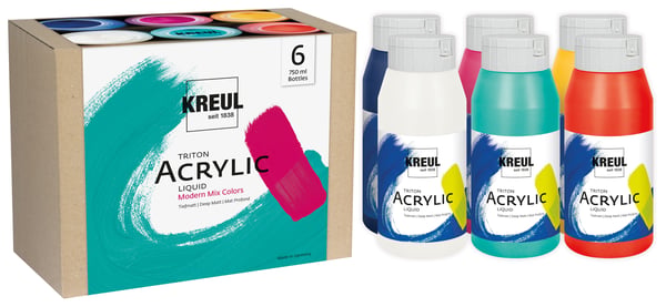 Miniatyrbild 1 av 2: KREUL Triton Acrylic Liquid Set Modern Mix Colors akrylfärger 750 ml Blå, Magenta, Turkos, Vit, Gul Rör