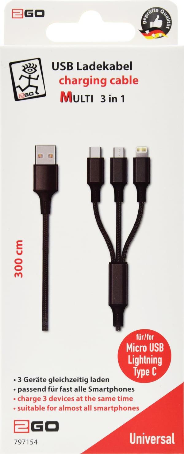 2GO 797154 USB-kaapeli 3 m USB B USB C/Micro-USB B/Lightning Musta