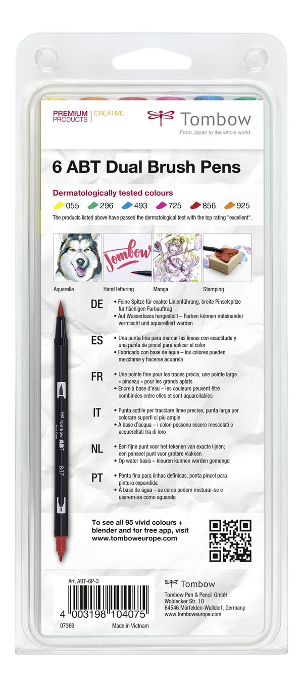 Tombow 272472063 filtpen Fin/medium Blå, Grøn, Orange, Lyserød, Rød, Gul 6 stk