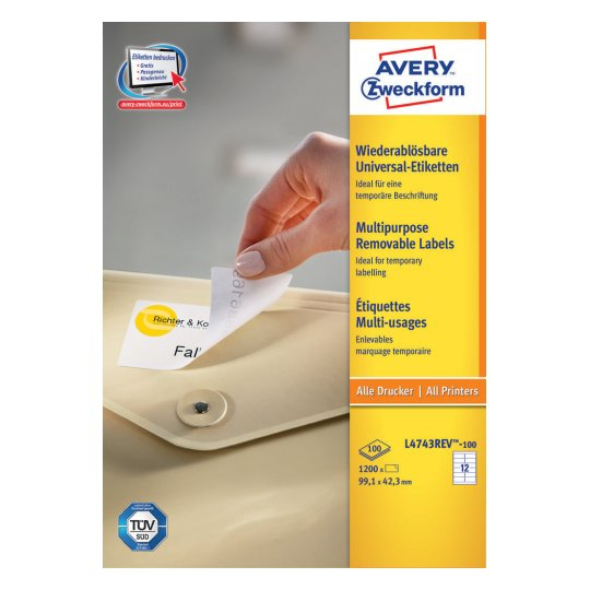 Pikkukuva 1 / 2: Avery L4743REV-100 liimaetiketti Pyöristetty suorakulmio Irroitettava Valkoinen 1200 kpl