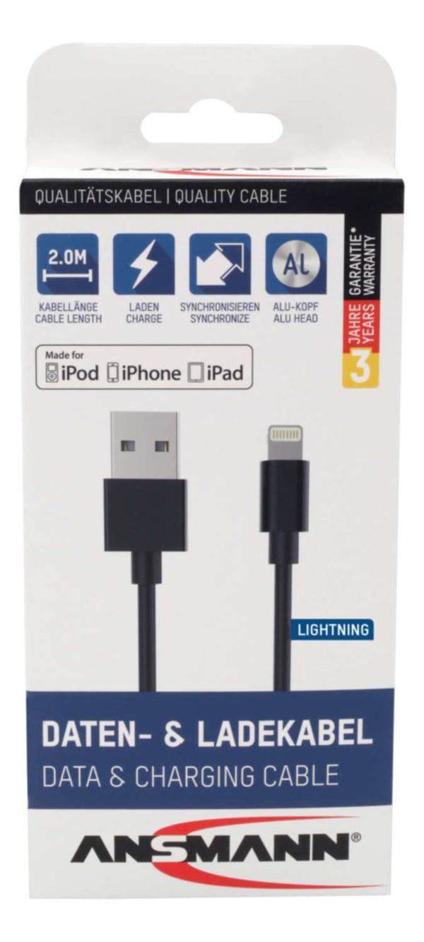 Miniatyrbillede 3 af 6: Ansmann 1700-0079 Lightning kabel 2 m Sort