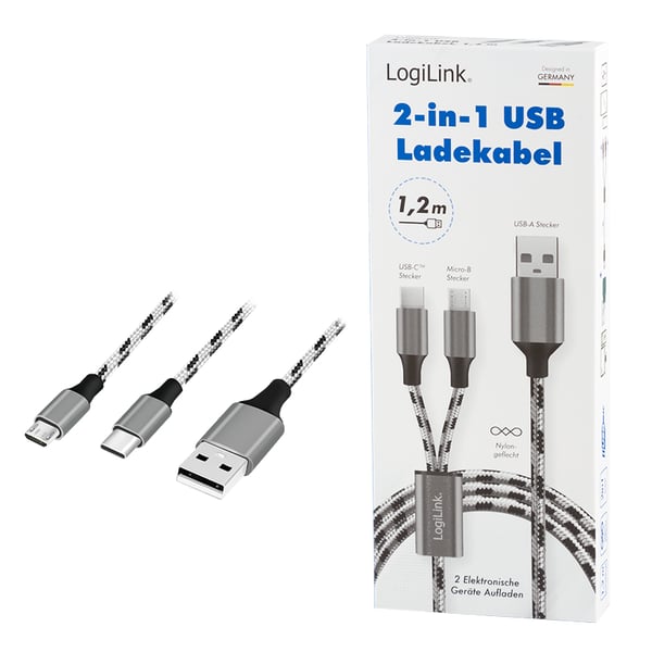 LogiLink CU0202 USB-kaapeli USB 2.0 1,2 m USB A USB C/Micro-USB A 0,48 Gbit/s 10 W Harmaa