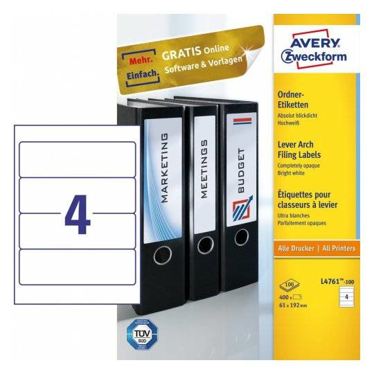 Avery L4761-100 självhäftande etiketter Rundad rektangel Permanent Vit 400 styck