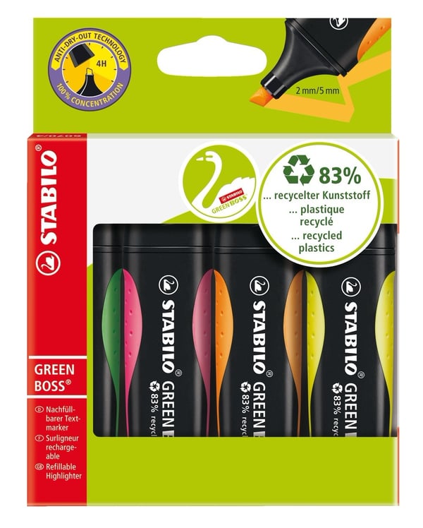 STABILO GREEN BOSS speedmarker 4 stk Mejselspids Grøn, Orange, Lyserød, Gul