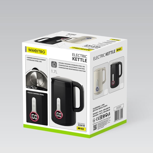 Miniatyrbild 3 av 3: Maestro MR-025-BLACK vattenkokare 1,7 l 2200 W Svart