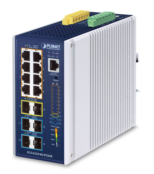 PLANET Industrial L3 8-Port Administreret Gigabit Ethernet (10/100/1000) Strøm over Ethernet (PoE) Aluminium, Blå