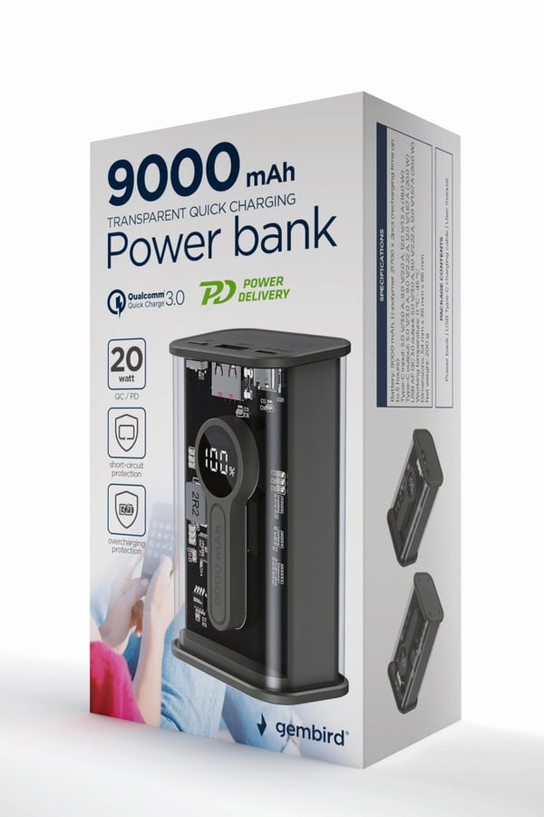 Miniatyrbillede 5 af 5: Gembird PB09-TQC3-01 powerbank Lithium polymer (LiPo) 9000 mAh Sort, Transparent