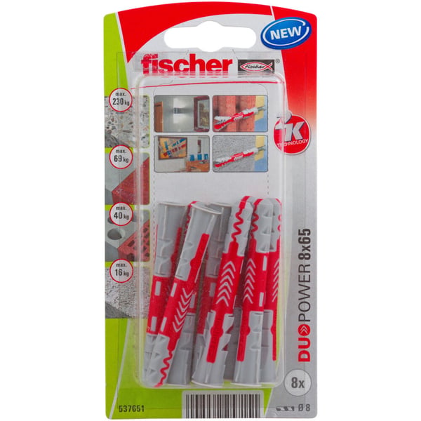 Fischer 537651 skruvankare och väggplugg 8 styck Kit med skruv och väggplugg 65 mm