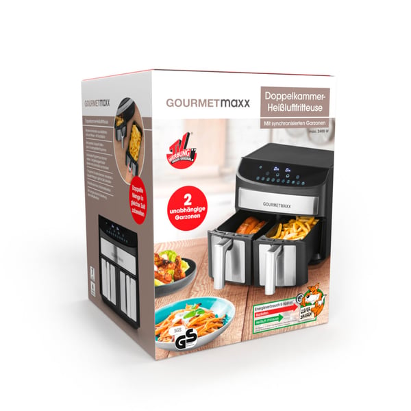 Gourmetmaxx 11339 frituregryde Dobbelt 7 L Enkeltstående 2400 W Varmluftsteger Sort, Metallic