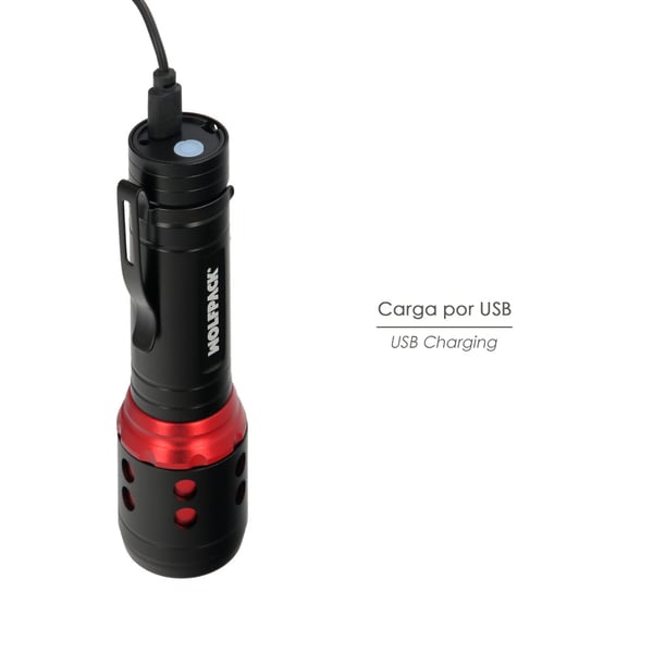 Wolfpack Linterna LED De Mano Mini Aluminio Recargable USB (1.200 mah) 500 Lumenes 5 Watt. Con Función Zoom y Clip Sujeción