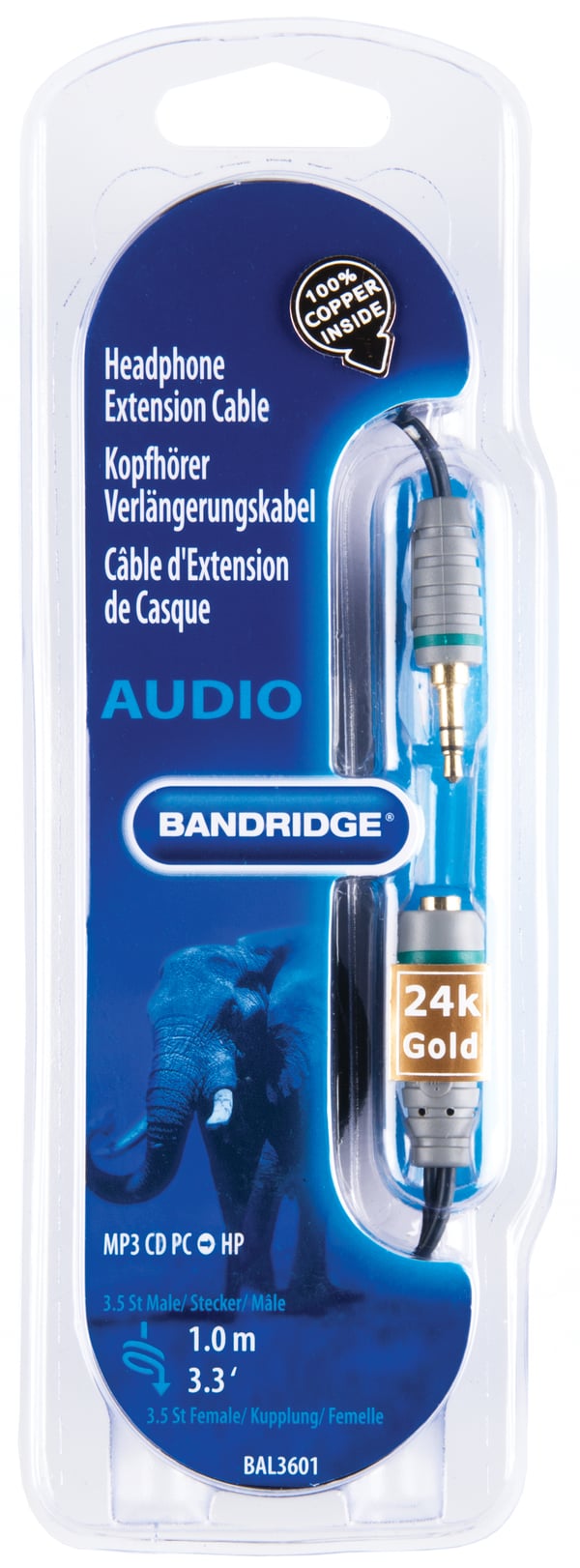 Bandridge BAL3601 lydkabel 1 m 3.5mm Sort, Grå