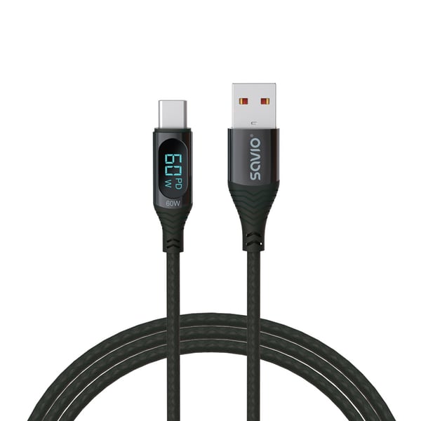 Savio USB - USB-C cable with display CL-172 1 m black USB-kaapeli USB 3.2 Gen 1 (3.1 Gen 1) USB C Musta