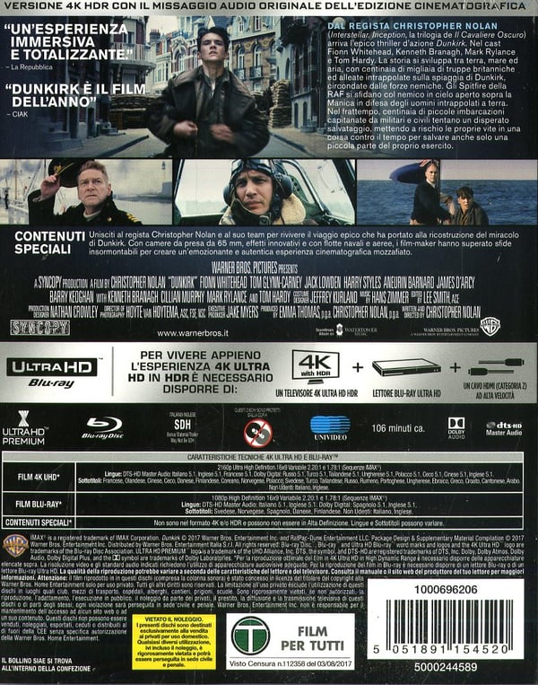 Warner Home Video Dunkirk Blu-ray Tjekkisk, Engelsk, Fransk, Græsk, Ungarsk, Italiensk, Polsk, Russisk, Thai, Tyrkisk