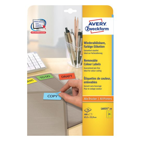 Avery L6035-20 liimaetiketti Pyöristetty suorakulmio Irroitettava Keltainen 480 kpl