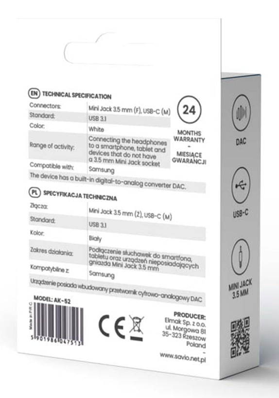 Savio AK-52 matkapuhelimen kaapeli Valkoinen 0,11 m USB C 3.5mm