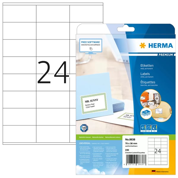 Miniatyrbillede 1 af 3: HERMA 8638 selvklæbende etiket Rektandel Permanent Hvid 240 stk