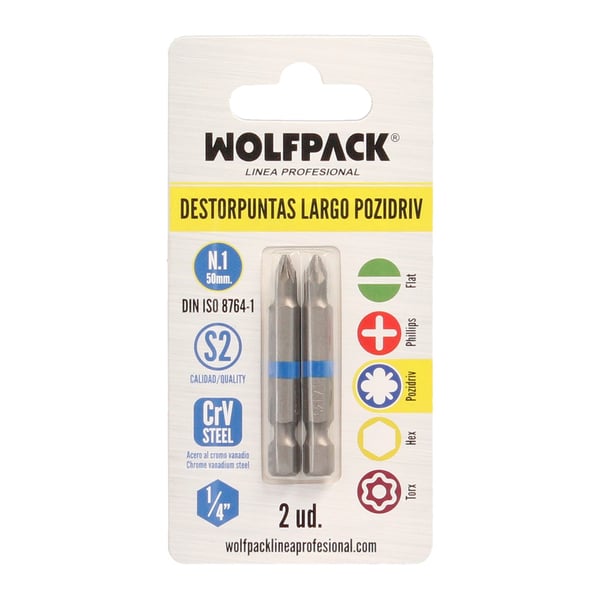 Pikkukuva 5 / 5: Wolfpack Destorpuntas Largo Pozidriv Nº 1 (2 Piezas) Acero S2 al Cromo Vanadio.