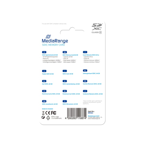 Miniatyrbillede 1 af 3: MediaRange MR965 hukommelseskort 64 GB SDXC Klasse 10