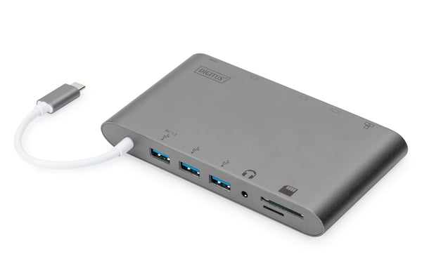 Digitus DA-70875 kannettavien tietokoneiden telakka ja porttitoistin Langallinen USB 3.2 Gen 1 (3.1 Gen 1) Type-C Harmaa
