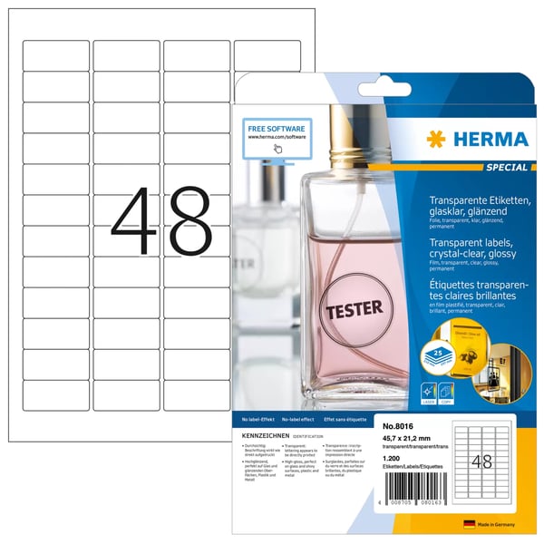 HERMA 8016 print etiket Transparent Selvklæbende printeretiket