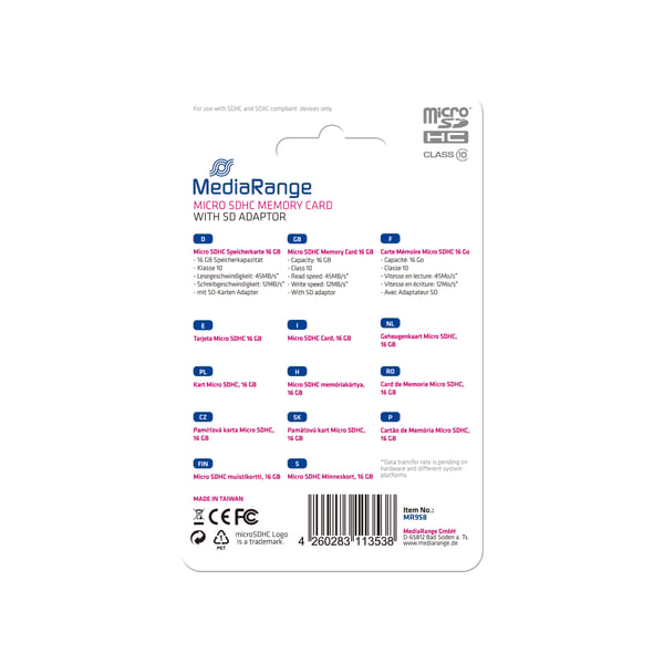 MediaRange MR958 hukommelseskort 16 GB MicroSDHC Klasse 10