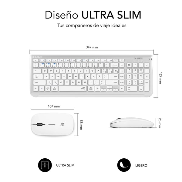SUBBLIM SUBKBC-DCEP10 näppäimistö Sisältää hiiren Universaali RF Wireless + Bluetooth QWERTY Espanja Hopea, Valkoinen
