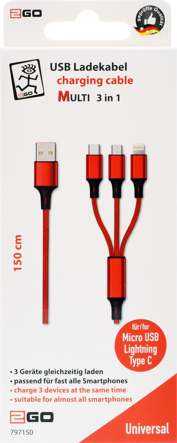 2GO 797150 USB-kaapeli 1,5 m USB B USB C/Micro-USB B/Lightning Punainen