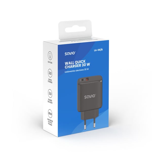 Savio LA-06/B USB Quick Charge Power Delivery 3.0 30W Internal charger Headset, Mus, Tablet, Telefon, Ur Sort Udendørs