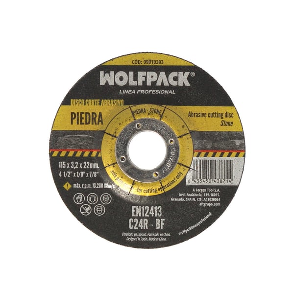 Wolfpack Disco Corte Abrasivo Piedra Ø 115 x Ø 22 mm. Espesor 3,2 mm.