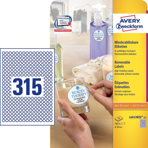 Pikkukuva 1 / 5: Avery L6019REV-25 liimaetiketti Ympyrä Irroitettava Valkoinen 7875 kpl