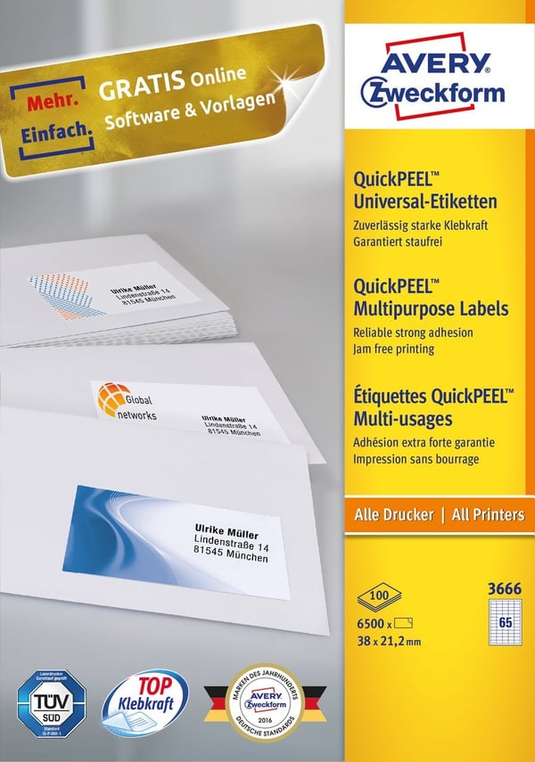 Avery 3666 självhäftande etiketter Rektangel Permanent Vit 6500 styck