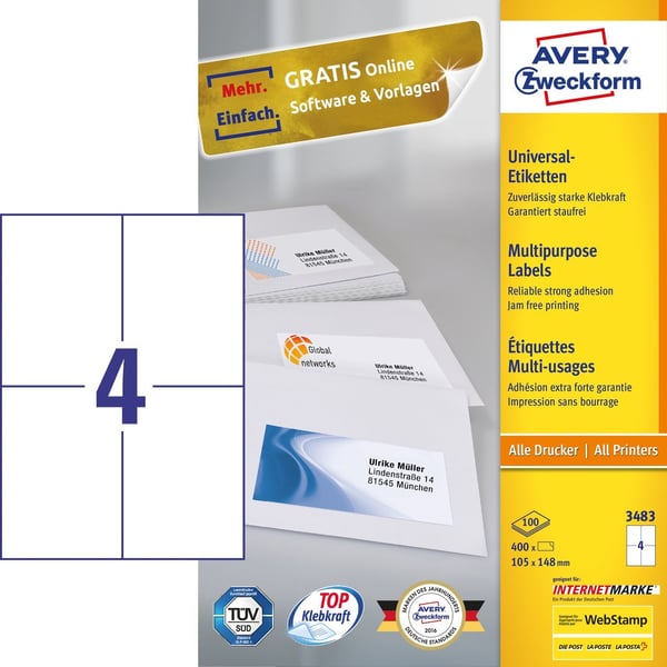 Avery 3483 självhäftande etiketter Rektangel Permanent Vit 400 styck